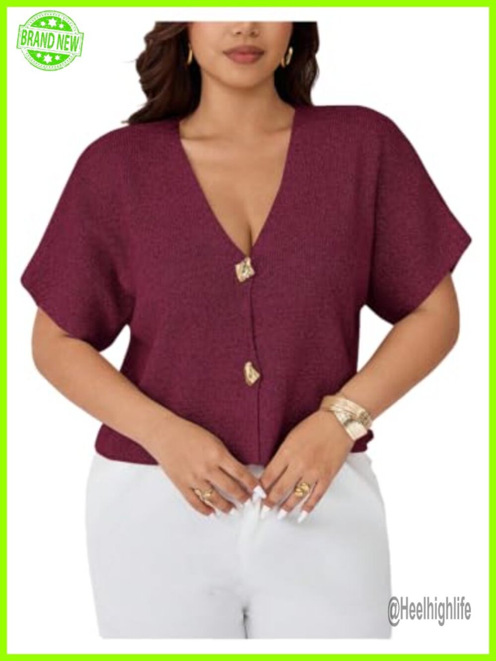 Plus Size Button Up V Neck Knit Cardigan Short Sleeve Soft Sweater